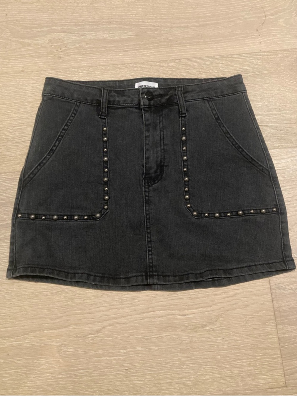 superdown Black Studded Denim Mini Skirt